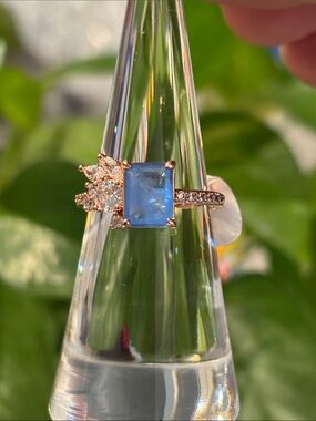 Rose Gold Ring with Rectangular Blue Gemstone and Pavé Accents - Blue